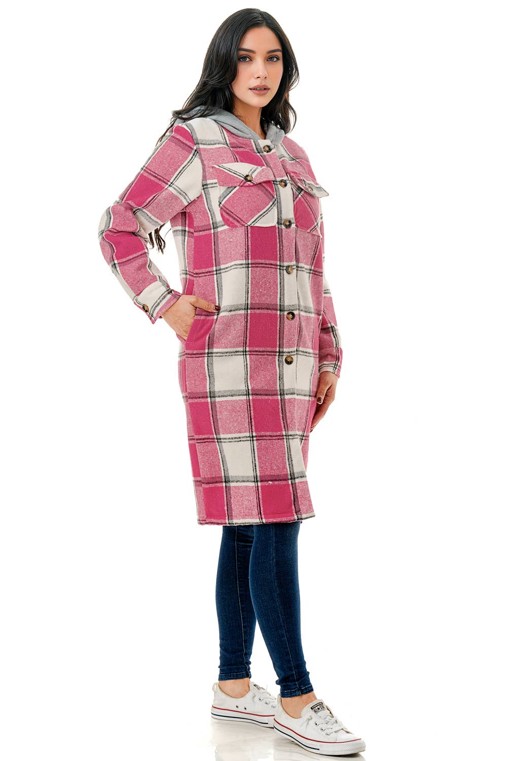 Pink white square plaid super long flannel shirt jacket