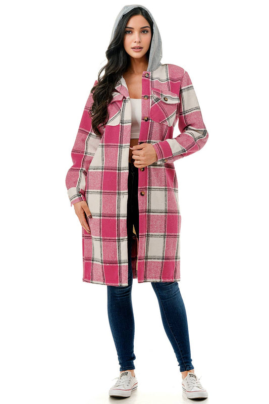 Pink white square plaid super long flannel shirt jacket