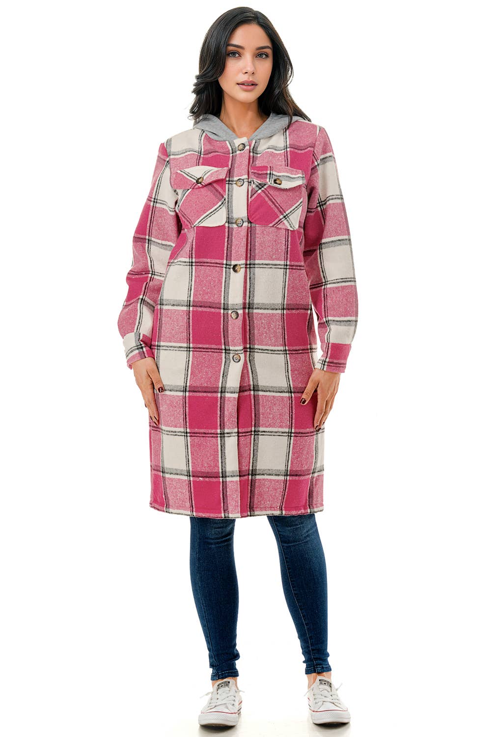 Pink white square plaid super long flannel shirt jacket