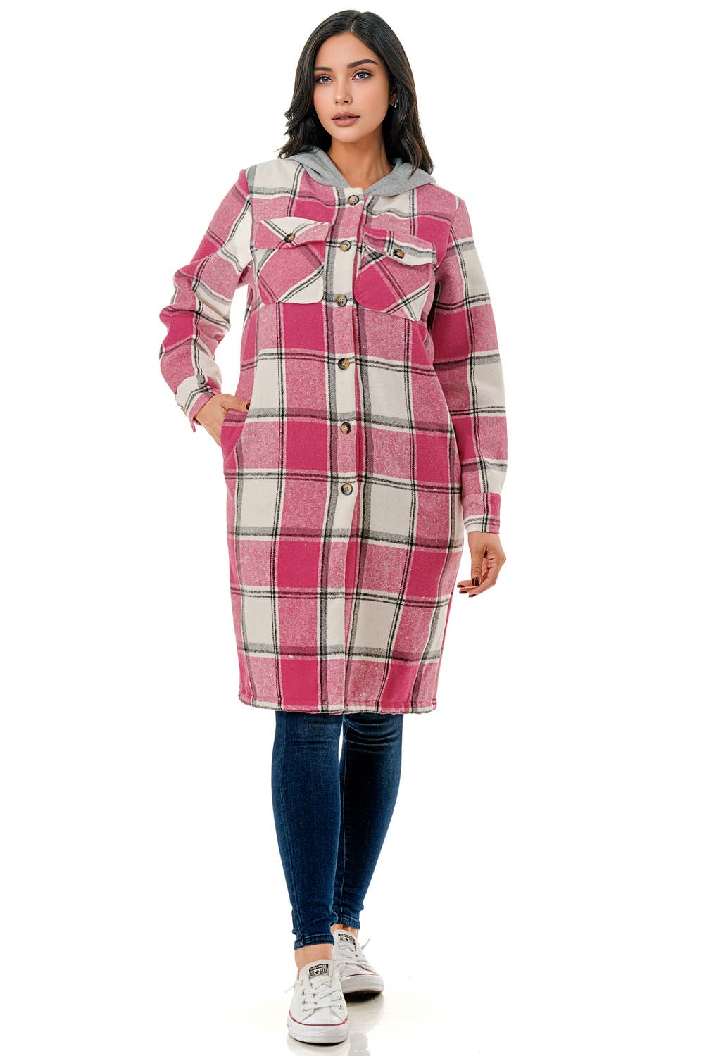 Pink white square plaid super long flannel shirt jacket