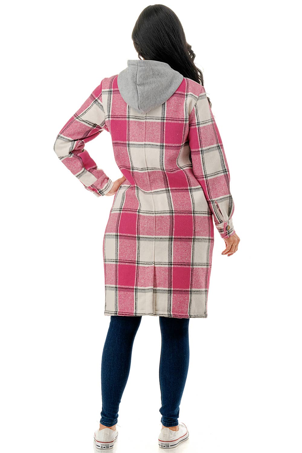 Pink white square plaid super long flannel shirt jacket