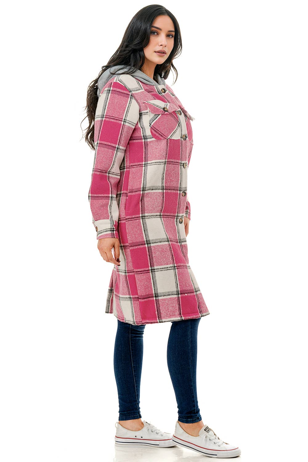 Pink white square plaid super long flannel shirt jacket