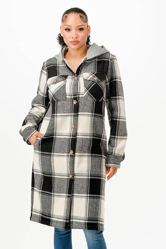 Pink white square plaid super long flannel shirt jacket